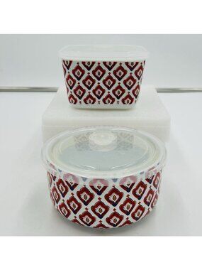 Set Of 2 Dash of That Lidded Stoneware Bowls Square Round Storage